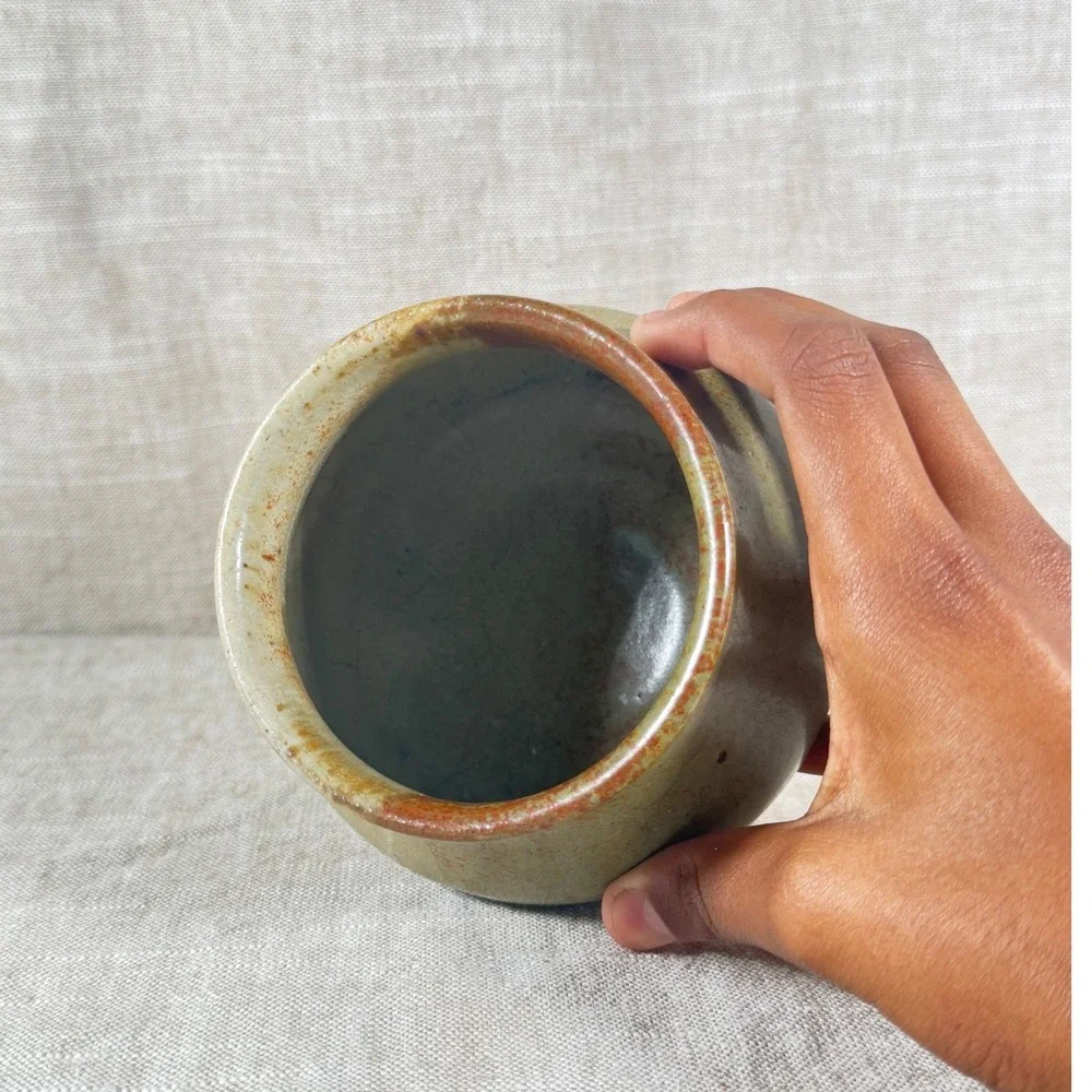 Studio Pottery Vessel Small Green Brown Vintage Good Signed Hand Thrown Ceramic